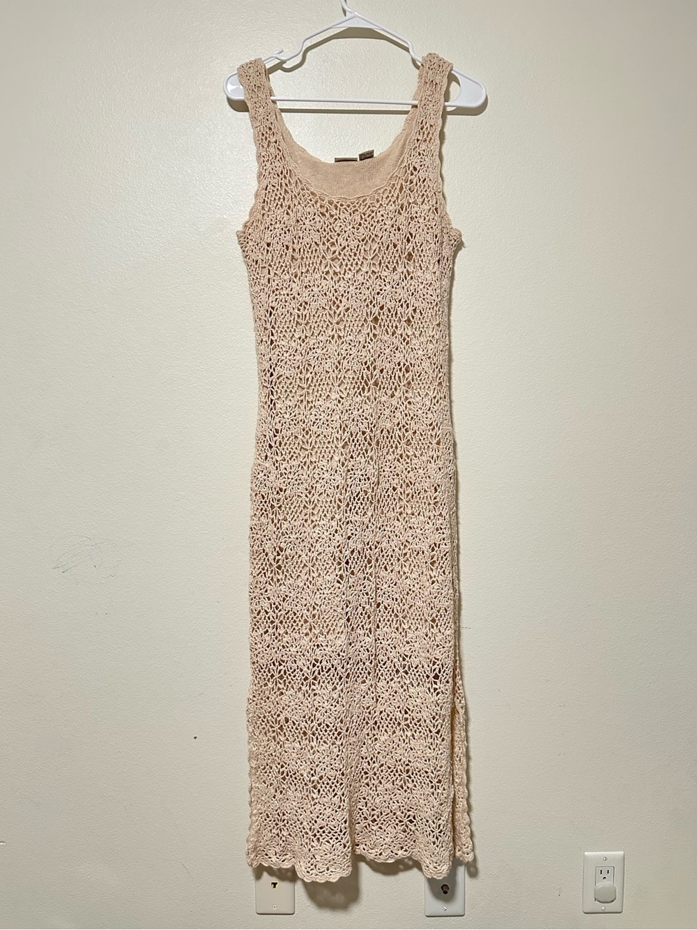 Vintage Y2K Newport News Beige Floral Crochet Knit Ramie Cotton Maxi Dress